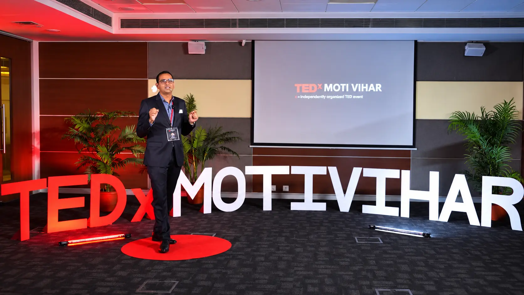 Raja Pantham speaking on the TEDx Moti Vihar stage, Gurugram